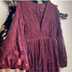 Burgundy sheer lace dress with romper